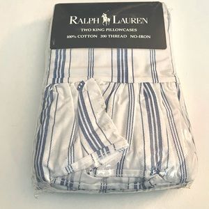 Ralph Lauren Vintage 2 Pillowcases King Blue/ Wht 100% Cotton Stripe NEW Package